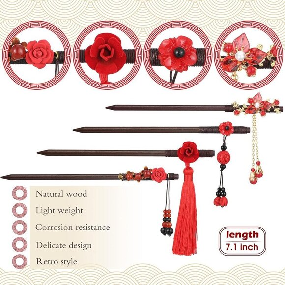 Asian Hair Stick Accessories Wooden 4 Pack Retro Geisha Flower for Women main image 2